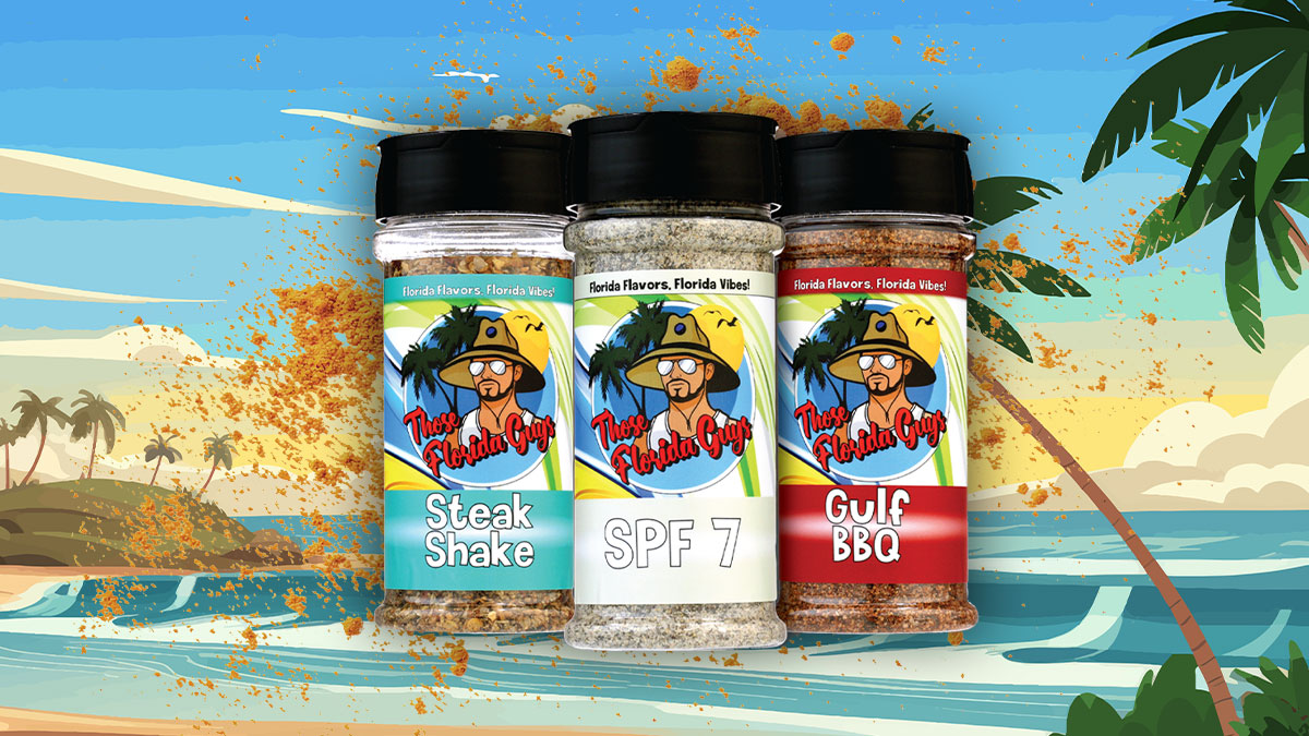 Assortment of Those Florida Guys gourmet BBQ rubs displayed over branded cartoon style background.