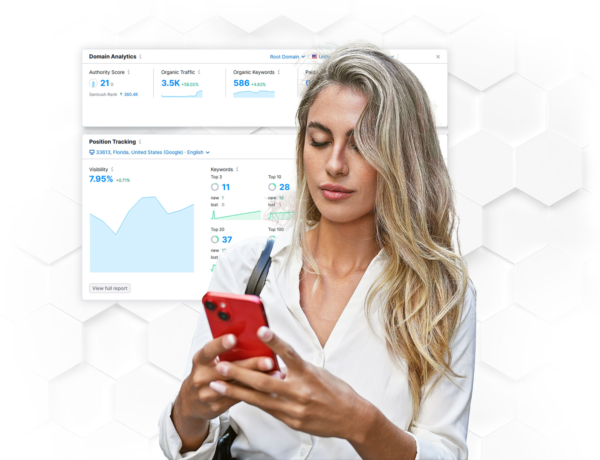 attractive-blonde-woman-influencer-checking-her-red-iphone-for-seo-update-and-ranking