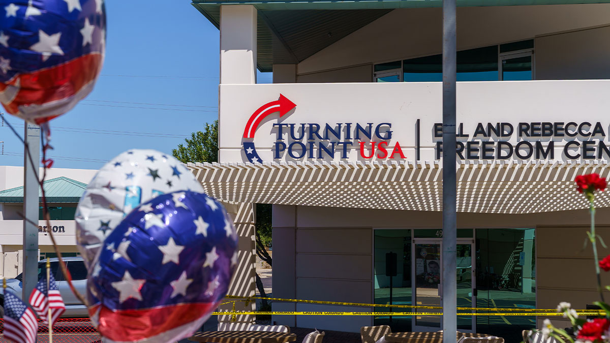 American Flag balloon flies at Turning Point USA Headquarters, after Charlie Kirk was killed fatally shot while speaking at Utah Valley University in Orem