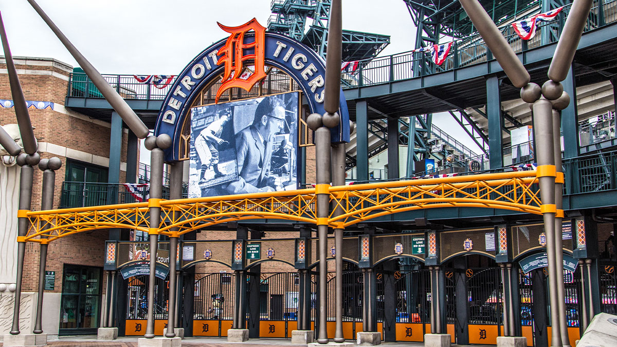 Exterior of Comerica Park home to the Detroit Tigers.