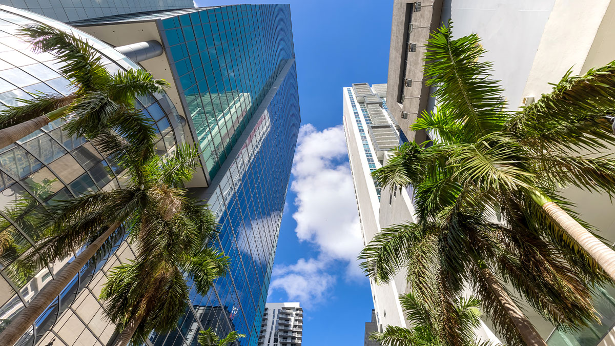 Miami downtown financial skyline and business shopping center near Biscayne bay and South beach.